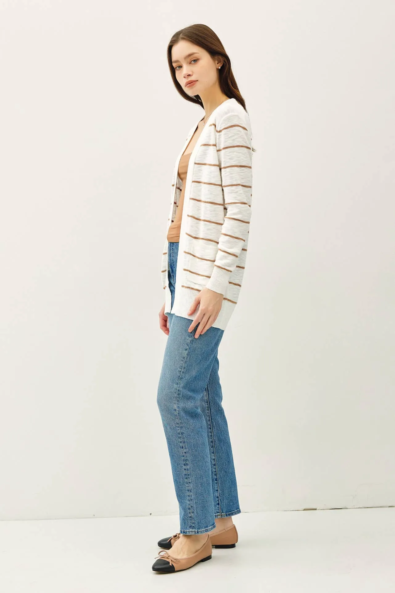 STRIPED COTTON SLUB CARDIGAN: Indigo