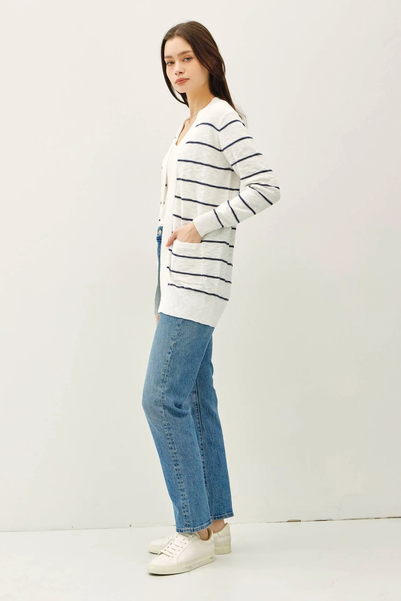 STRIPED COTTON SLUB CARDIGAN: Indigo