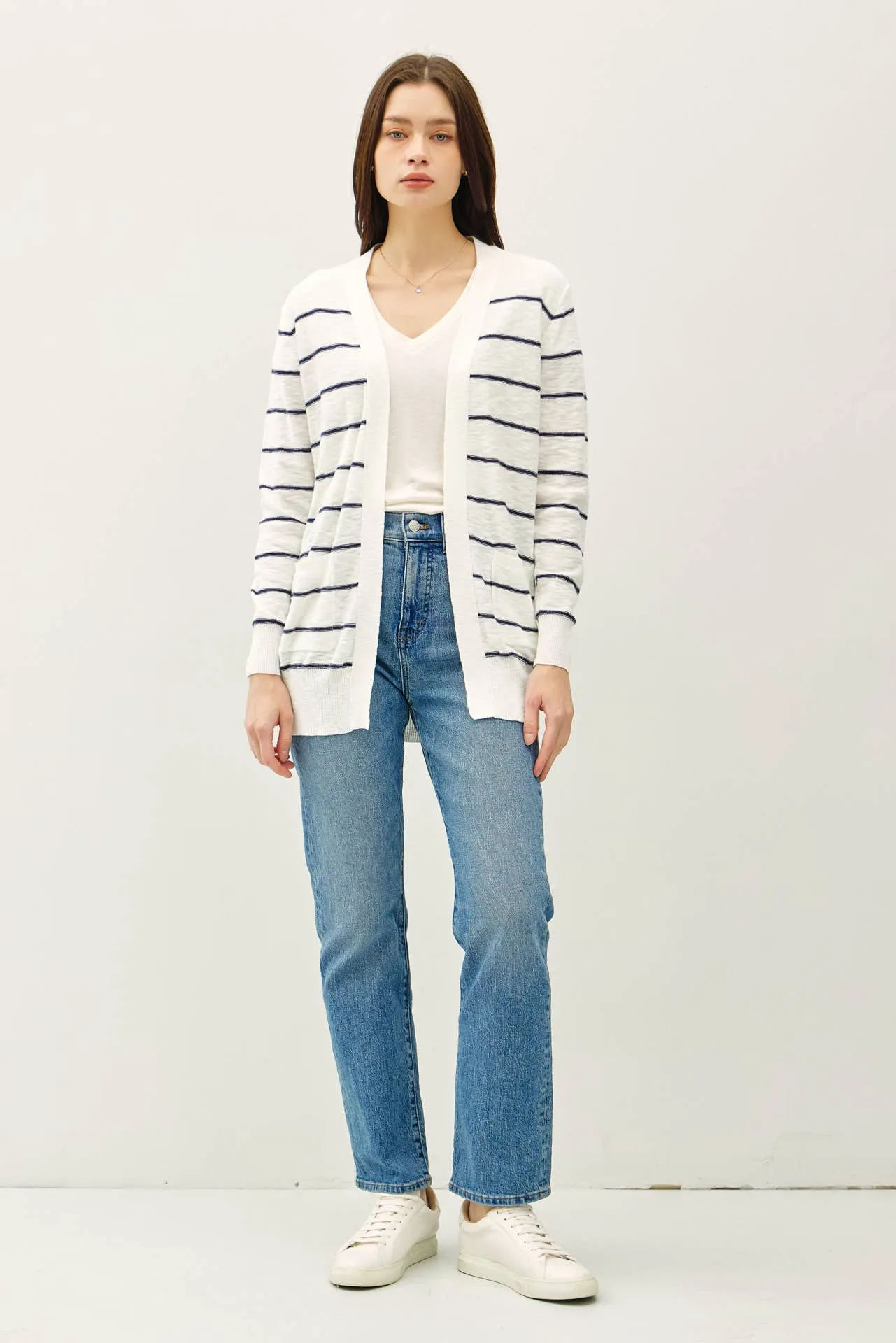 STRIPED COTTON SLUB CARDIGAN: Indigo