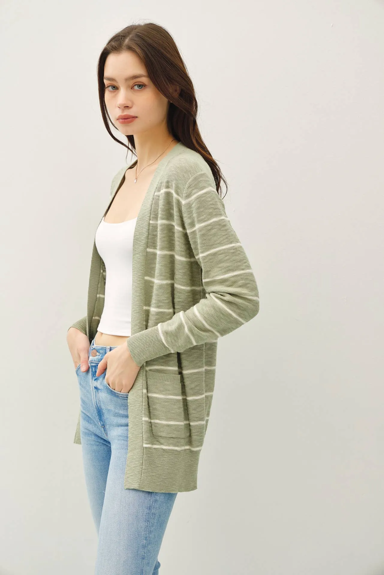 STRIPED COTTON SLUB CARDIGAN: Indigo