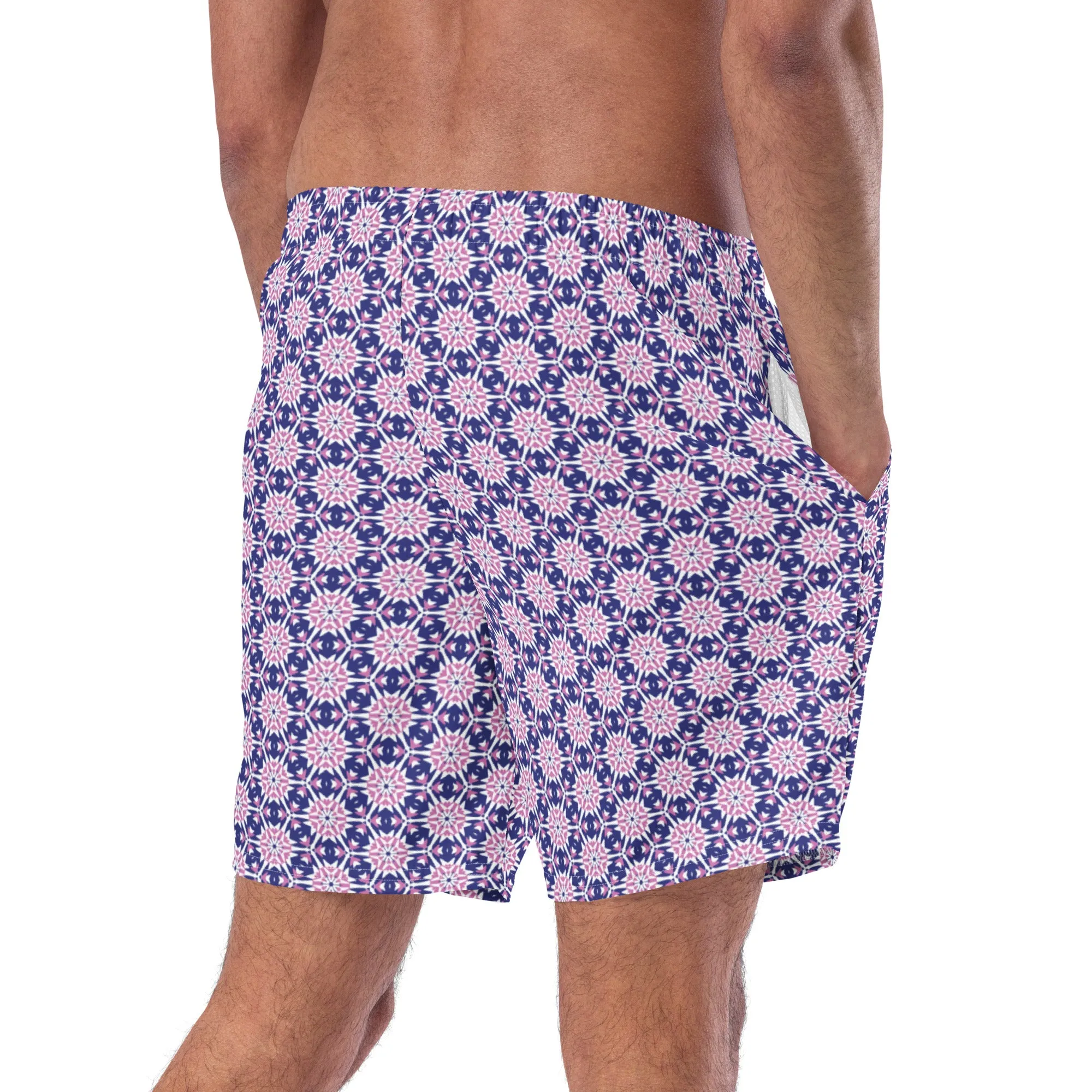 Stylish Block Print Blue Swim Trunks for Men, lioness-love