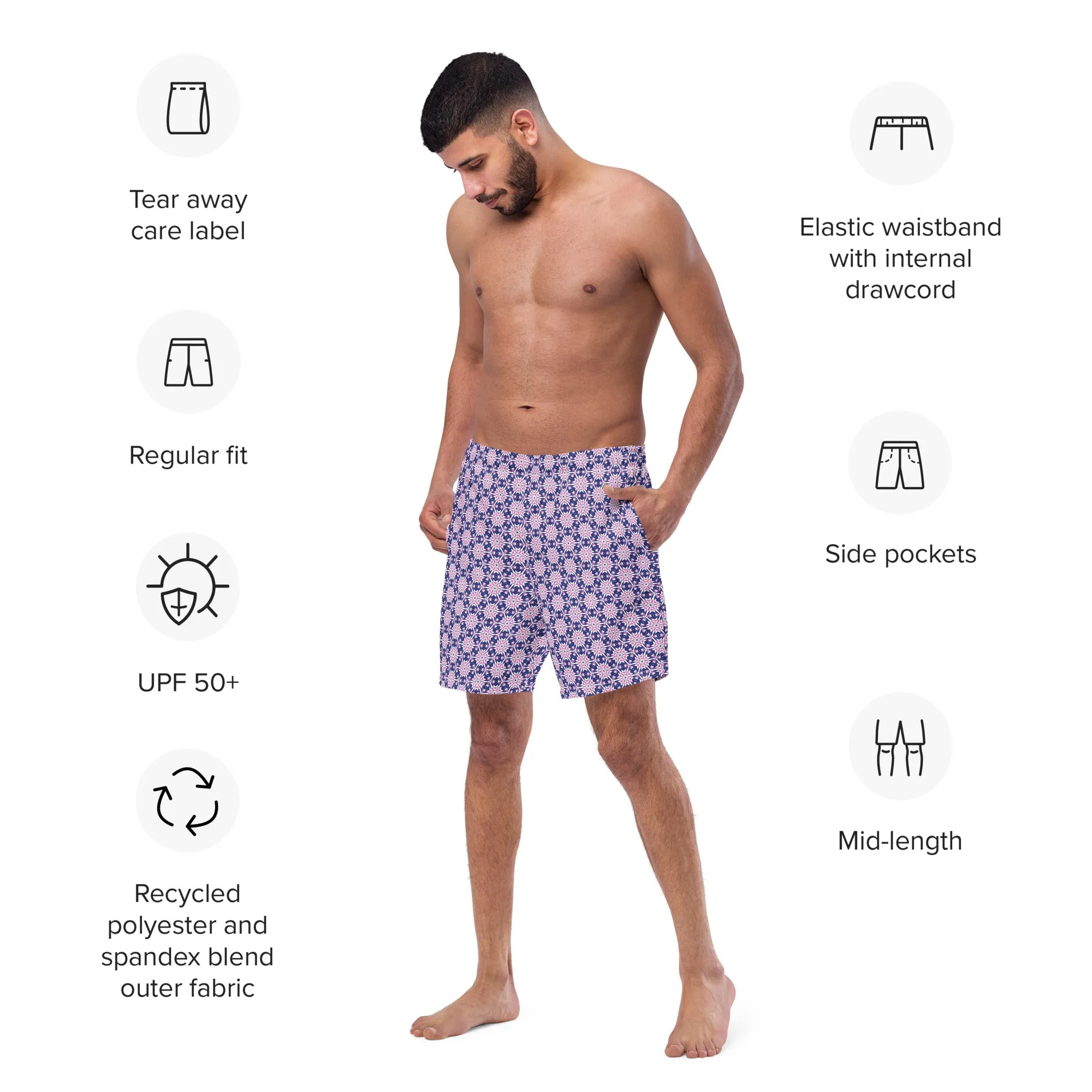 Stylish Block Print Blue Swim Trunks for Men, lioness-love