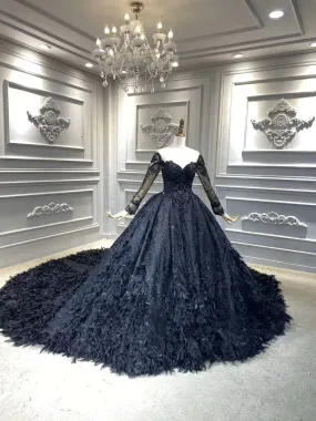 Unique long sleeves black lace sparkling glitter feathers ball gown wedding prom dress 2020