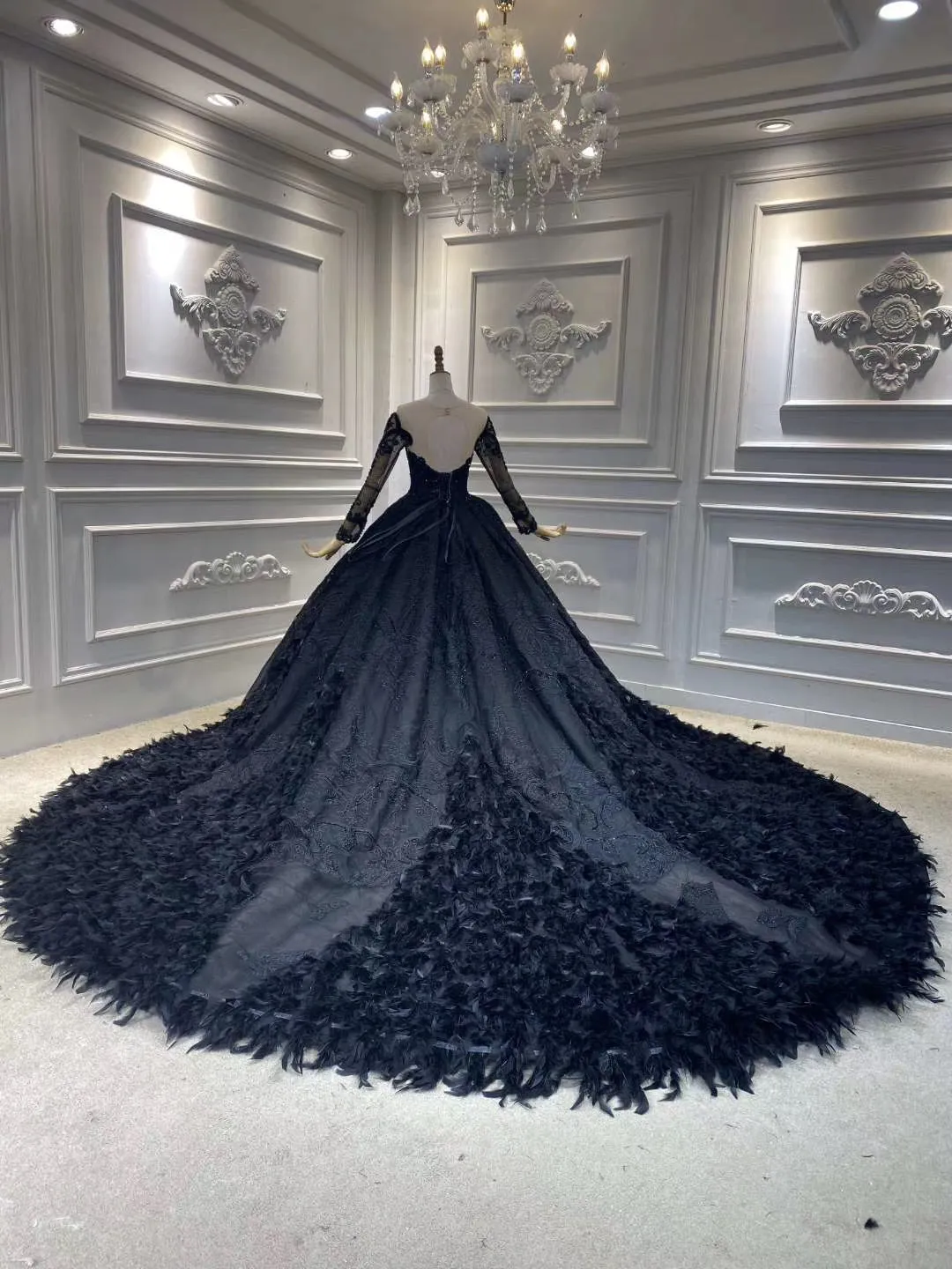 Unique long sleeves black lace sparkling glitter feathers ball gown wedding prom dress 2020