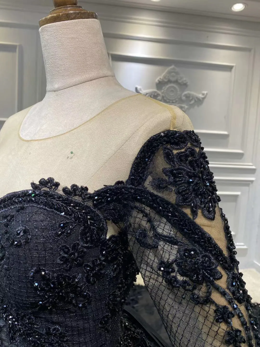 Unique long sleeves black lace sparkling glitter feathers ball gown wedding prom dress 2020