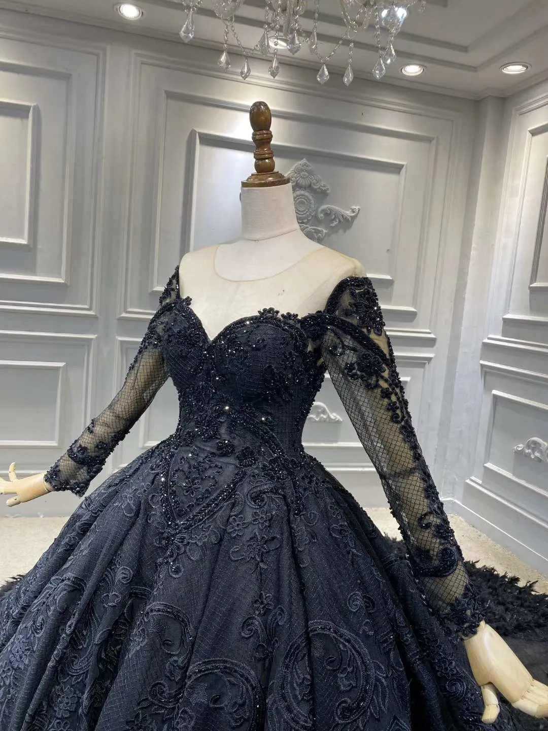 Unique long sleeves black lace sparkling glitter feathers ball gown wedding prom dress 2020