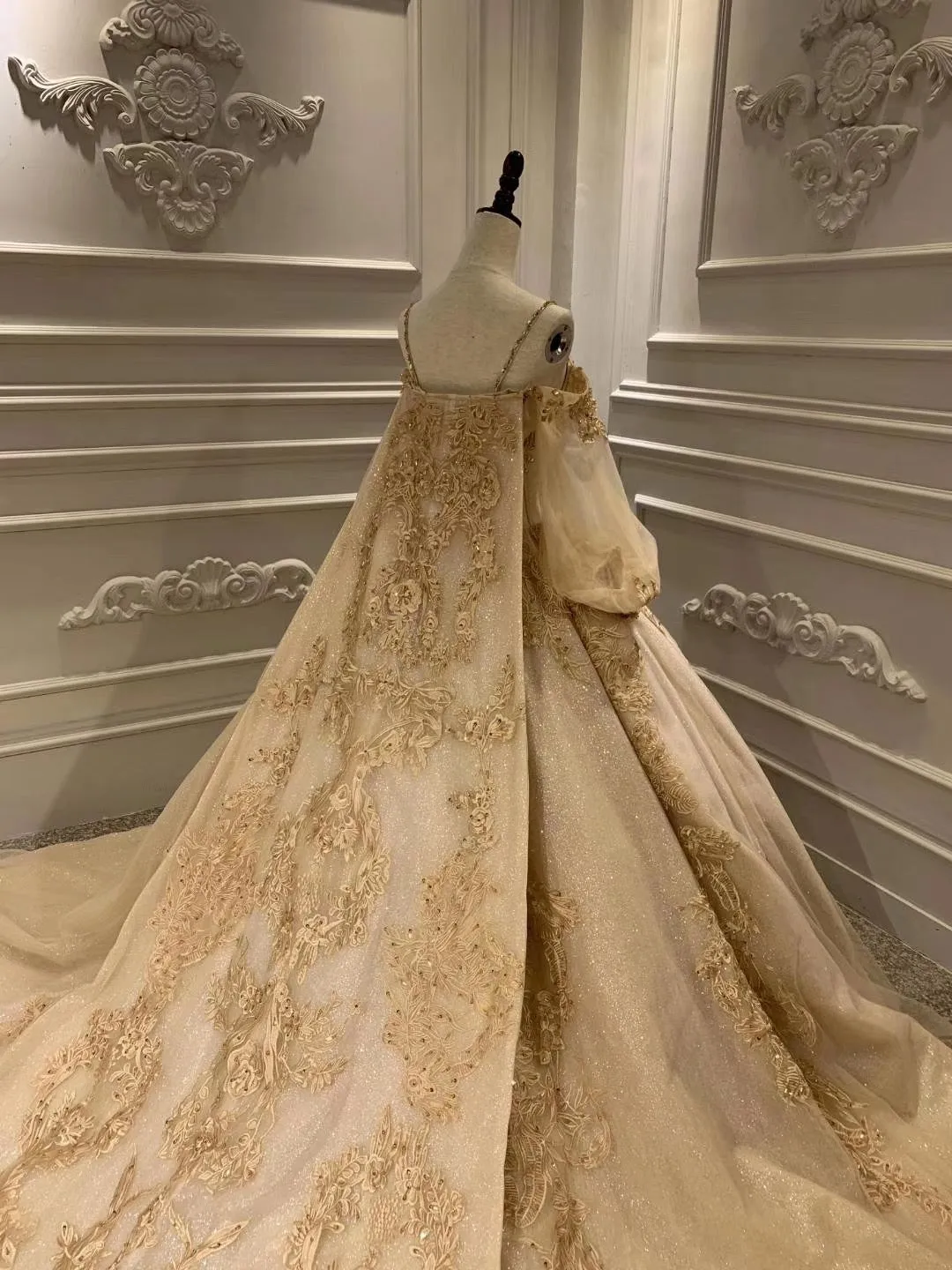 Unique off shoulder with puffy sleeves lace appliqués heavy beaded gold luxurious Long wedding gown