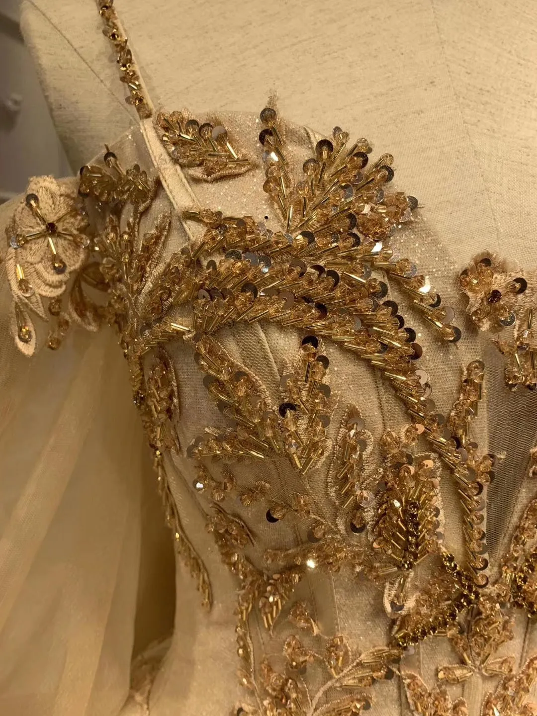 Unique off shoulder with puffy sleeves lace appliqués heavy beaded gold luxurious Long wedding gown