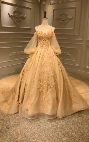 Unique off shoulder with puffy sleeves lace appliqués heavy beaded gold luxurious Long wedding gown