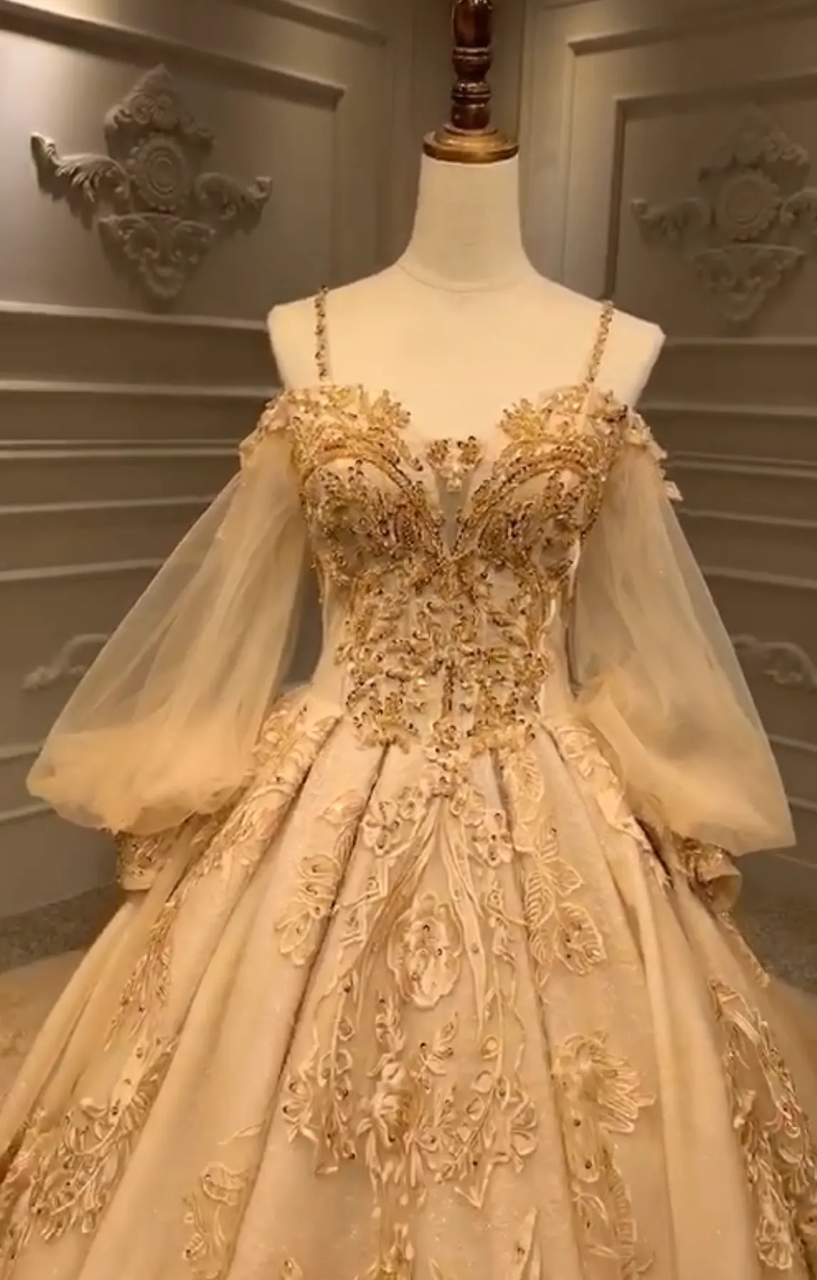Unique off shoulder with puffy sleeves lace appliqués heavy beaded gold luxurious Long wedding gown