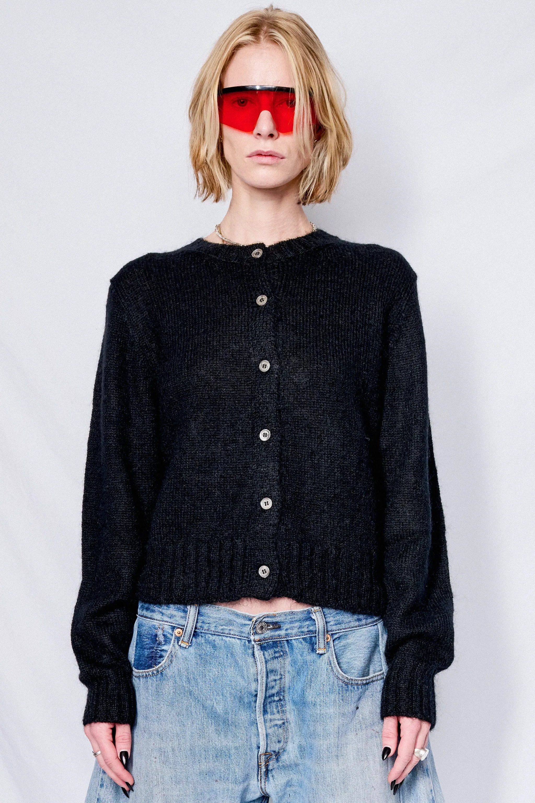 Unisex Black Crewneck Knit Cardigan