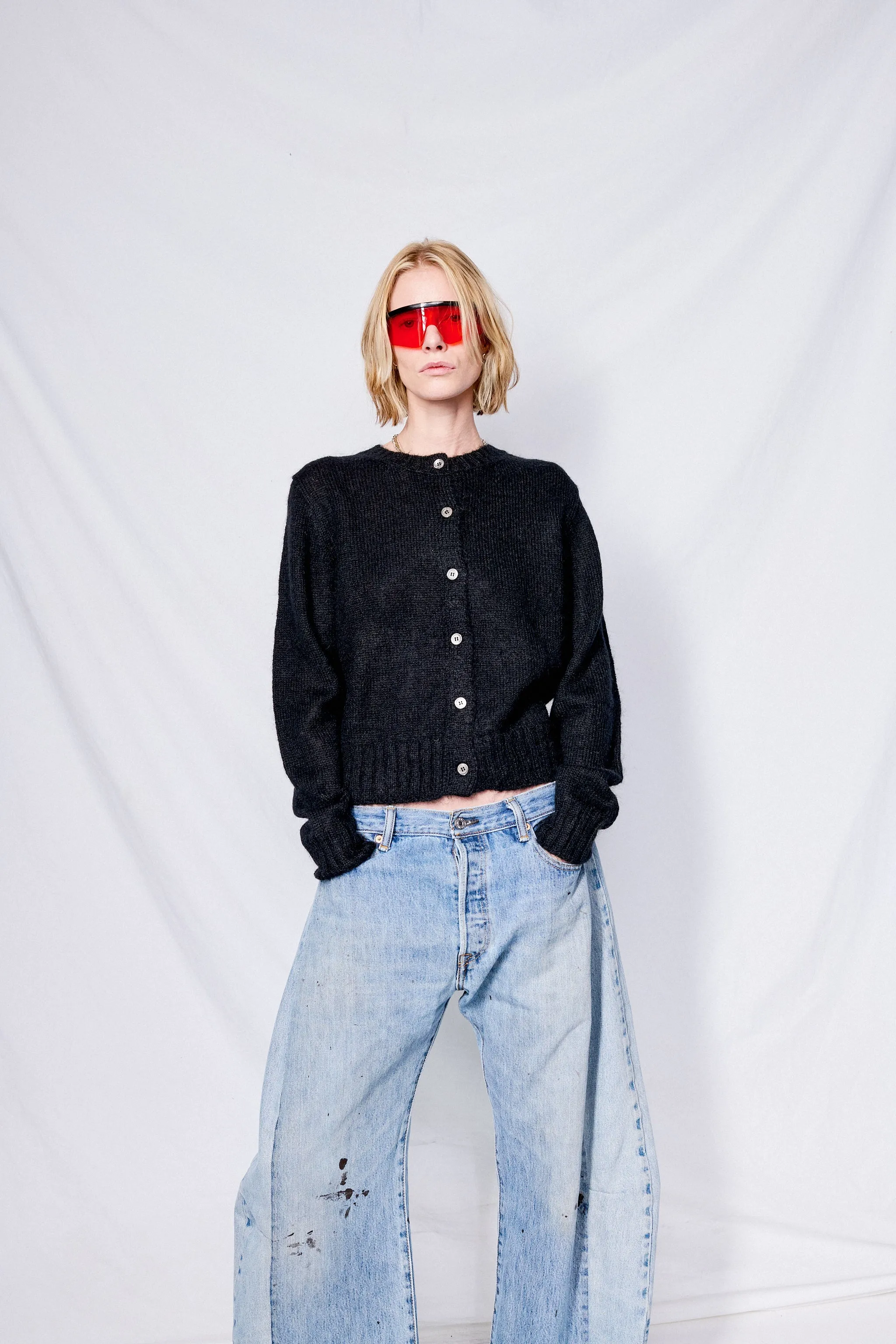 Unisex Black Crewneck Knit Cardigan