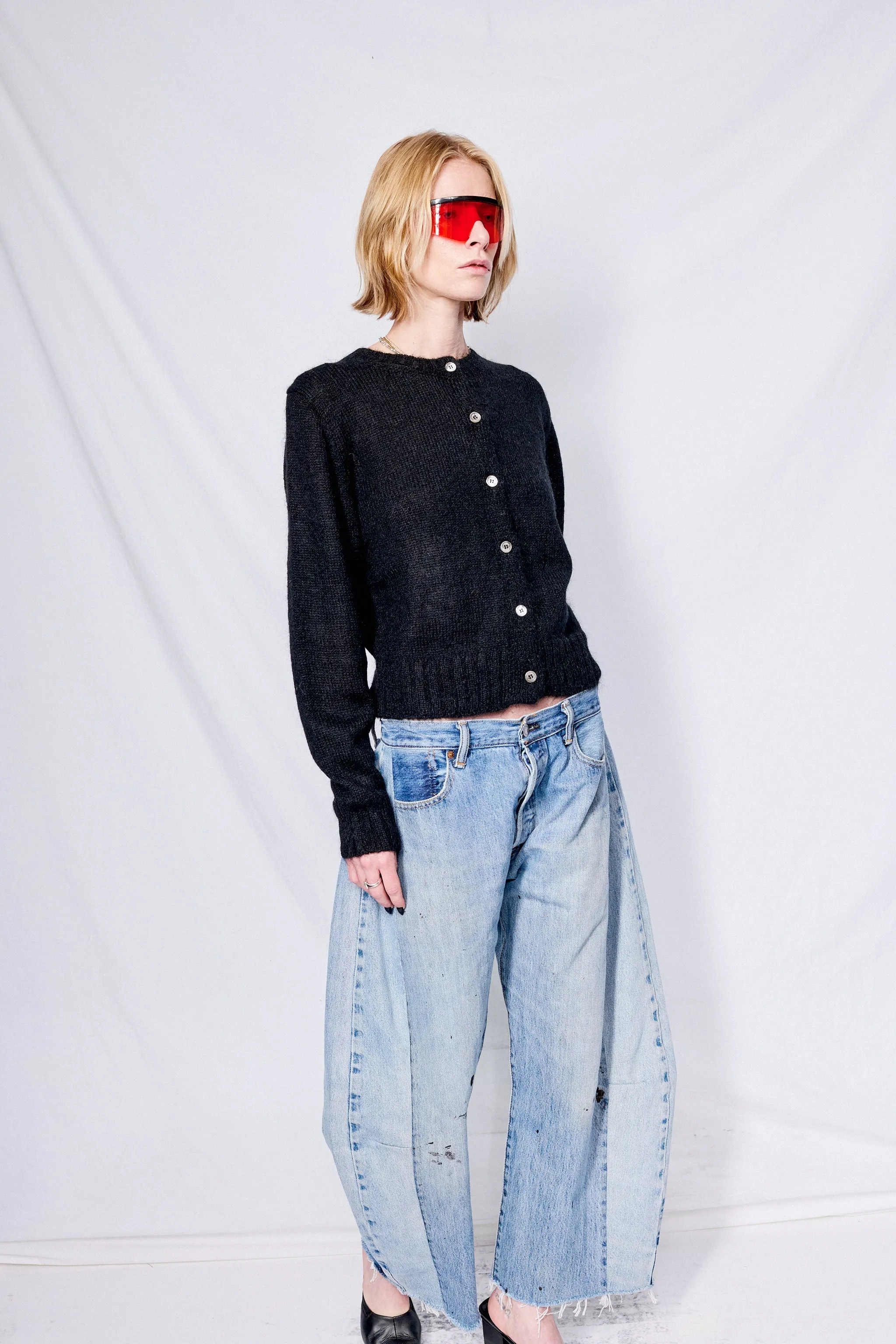 Unisex Black Crewneck Knit Cardigan