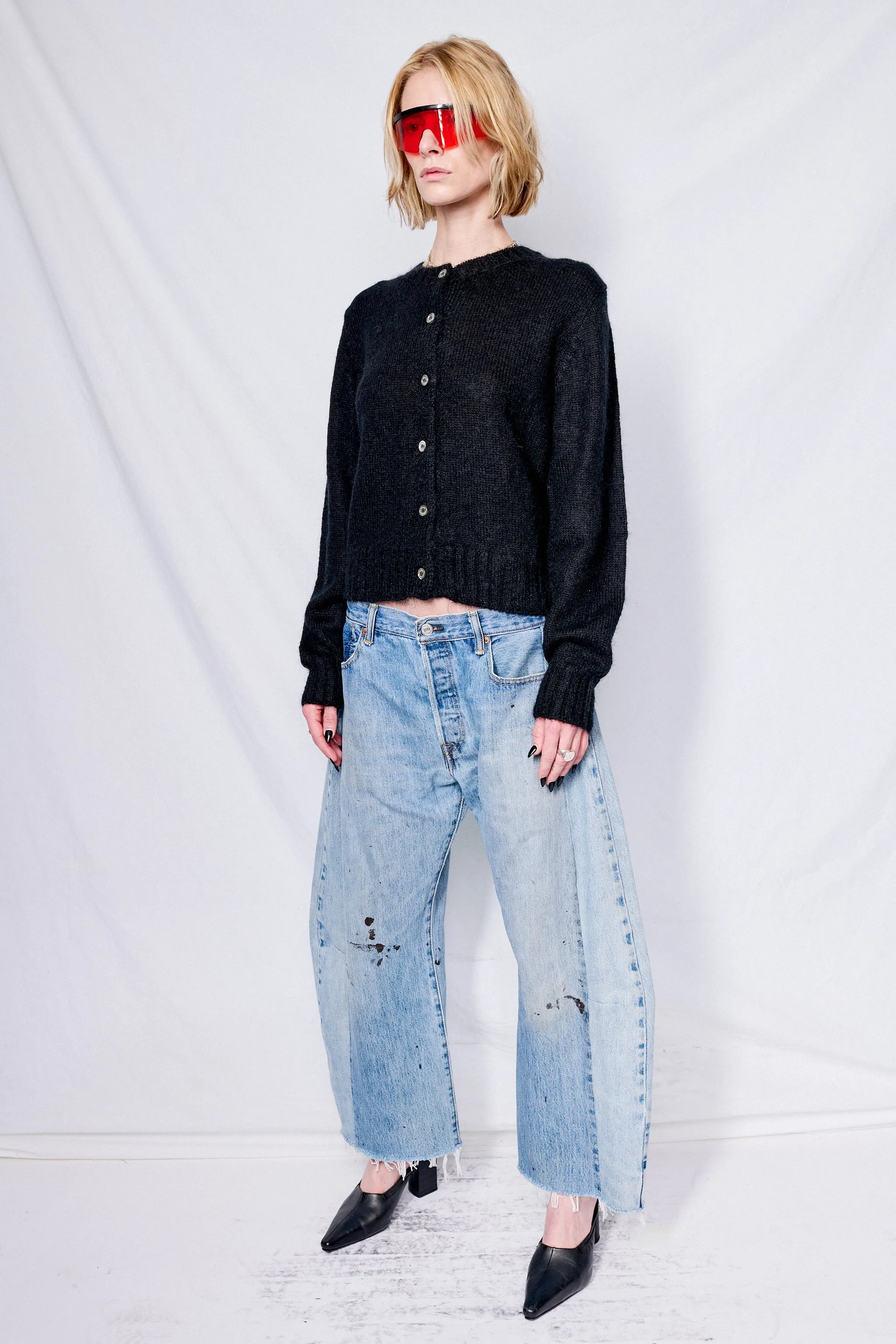 Unisex Black Crewneck Knit Cardigan