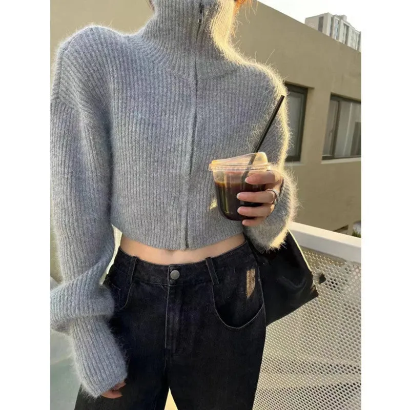 Versatile stand collar double zipper thickened long sleeve sweater jacket