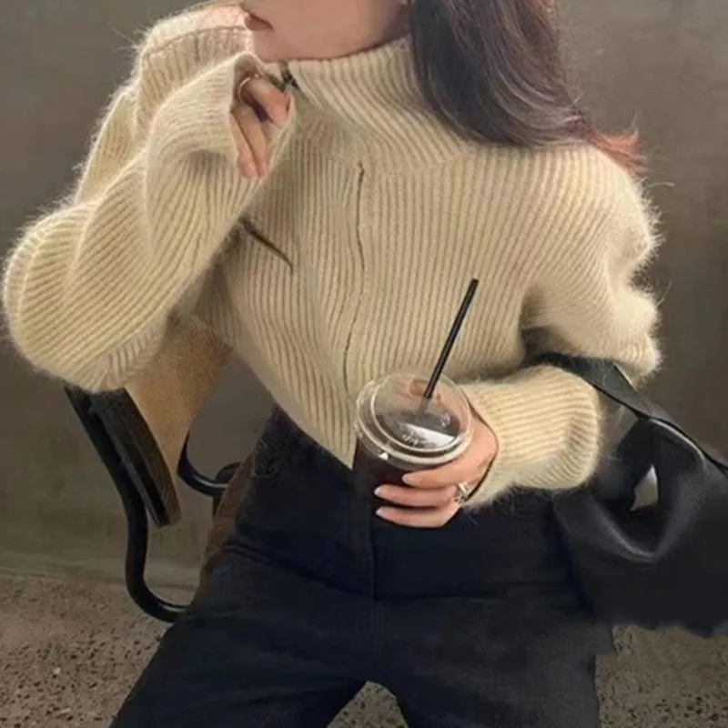 Versatile stand collar double zipper thickened long sleeve sweater jacket