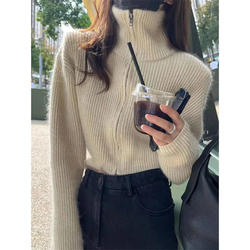 Versatile stand collar double zipper thickened long sleeve sweater jacket