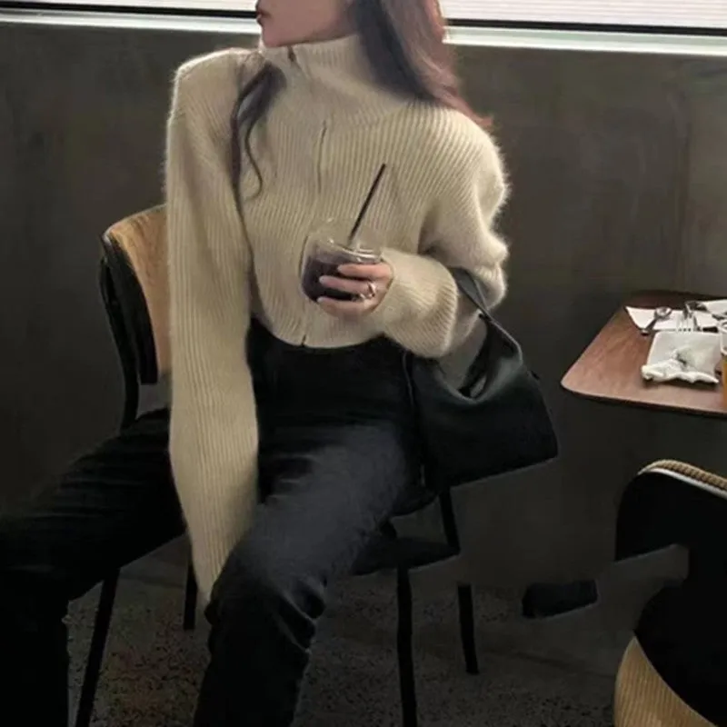 Versatile stand collar double zipper thickened long sleeve sweater jacket