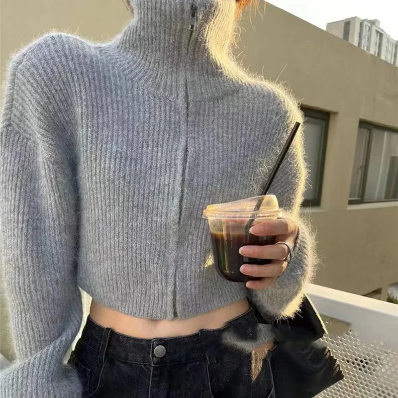 Versatile stand collar double zipper thickened long sleeve sweater jacket