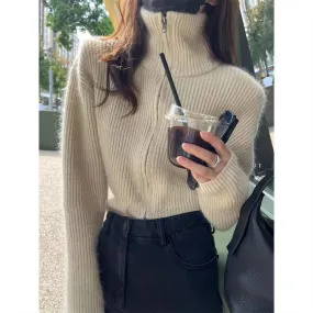 Versatile stand collar double zipper thickened long sleeve sweater jacket