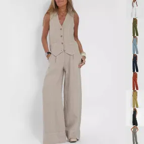 Vest Suits V-neck Botton Sleeveless Top And Loose Straight Trousers