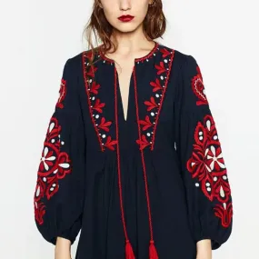 Vintage Ethnic Embroidery Dress/Drawstring Round Neck Lantern Sleeve Long Dress