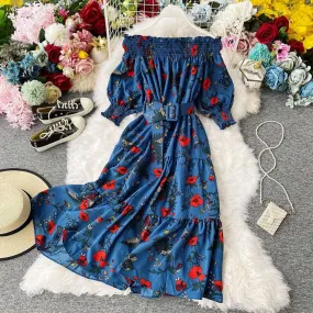 Women Floral Print Chiffon Dress Slash Neck Off Shoulder Dress