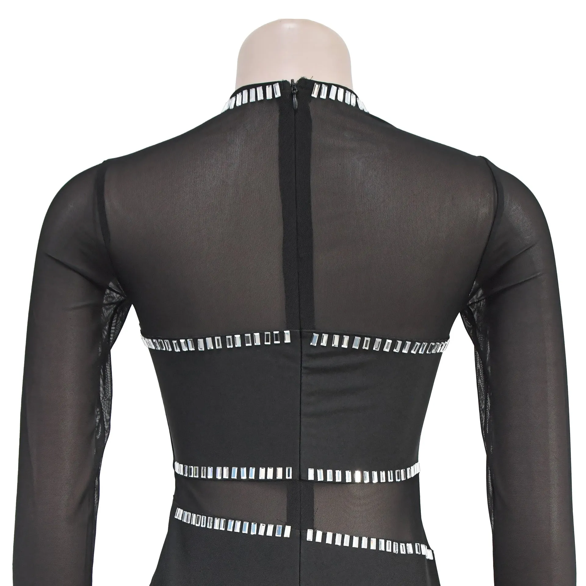 Women Mesh Long Sleeves Lace Party Dress