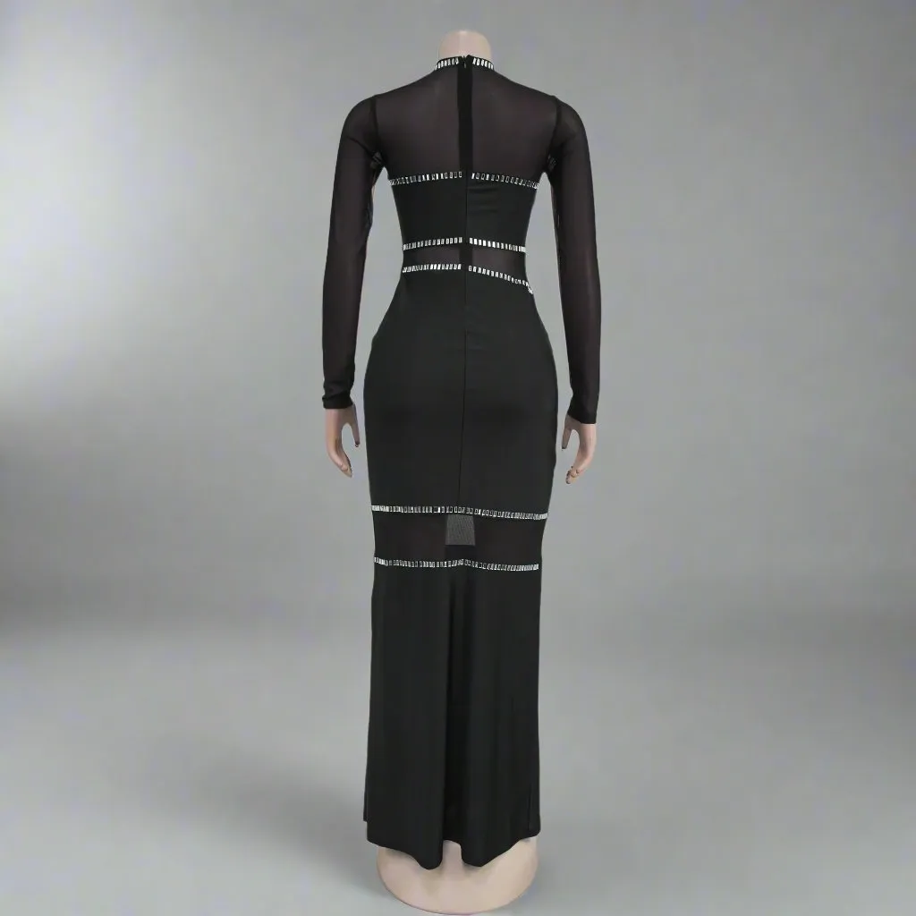 Women Mesh Long Sleeves Lace Party Dress
