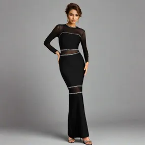 Women Mesh Long Sleeves Lace Party Dress