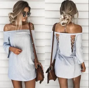 Women Pullover Striped Back Hollow Off Shoulder Mini Dress