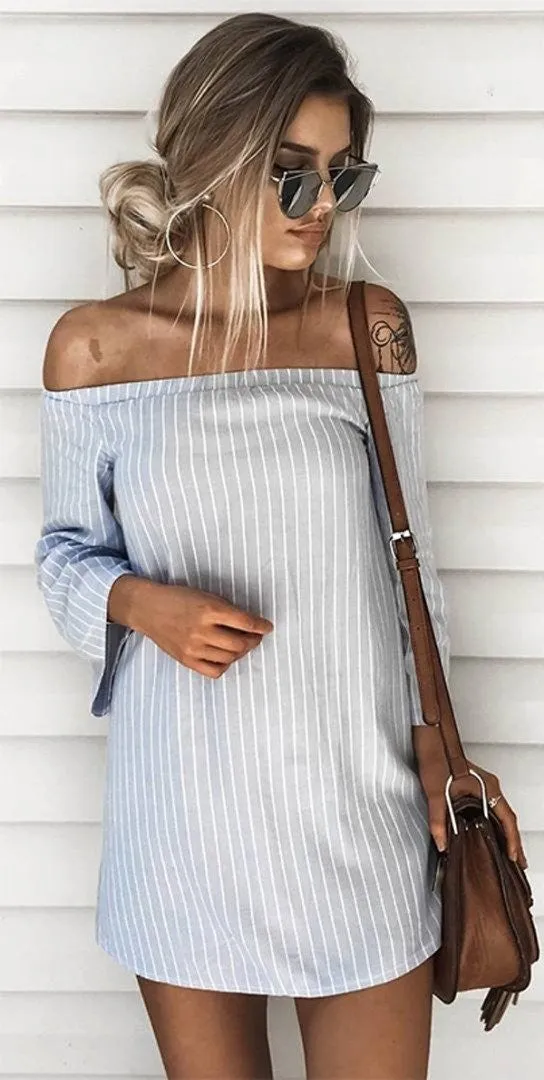 Women Pullover Striped Back Hollow Off Shoulder Mini Dress