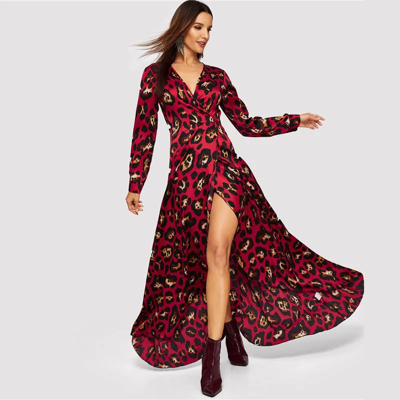 Women's Casual V-Neck Maxi Dress With Leopard Print
