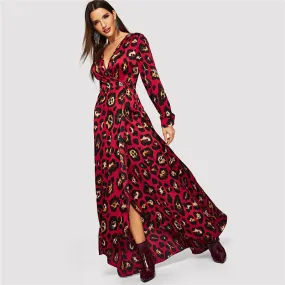 Women's Casual V-Neck Maxi Dress With Leopard Print