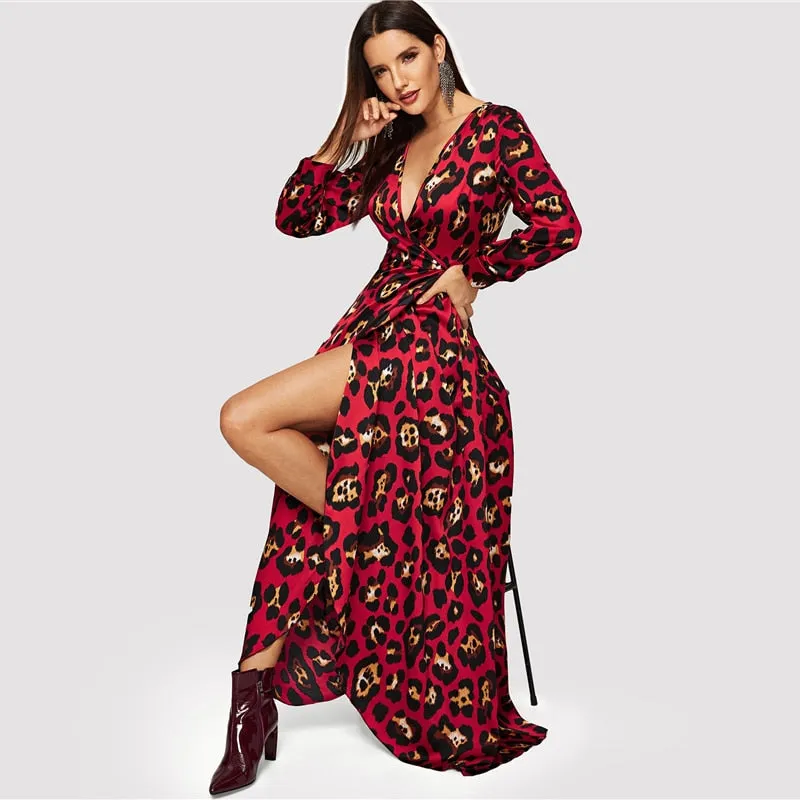 Women's Casual V-Neck Maxi Dress With Leopard Print