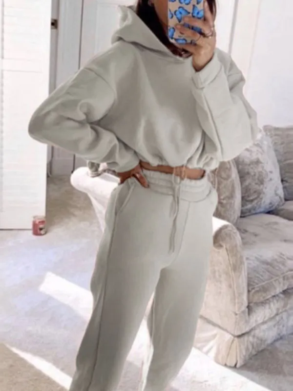 Women’s Cropped Long Sleeve Hooded Sweatshirt with Matching Bottoms in 8 Colors