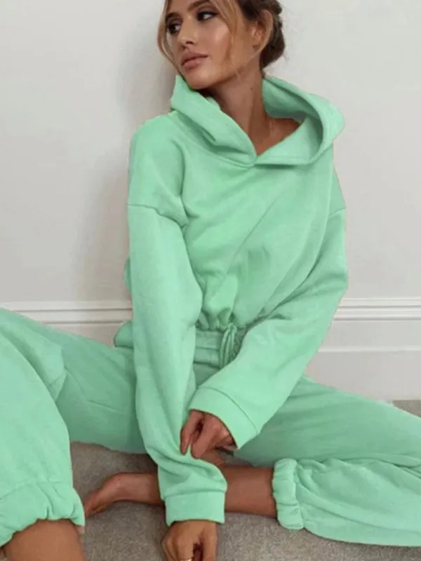 Women’s Cropped Long Sleeve Hooded Sweatshirt with Matching Bottoms in 8 Colors