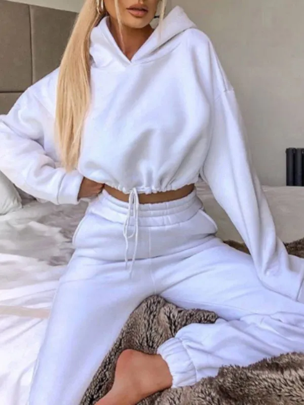 Women’s Cropped Long Sleeve Hooded Sweatshirt with Matching Bottoms in 8 Colors