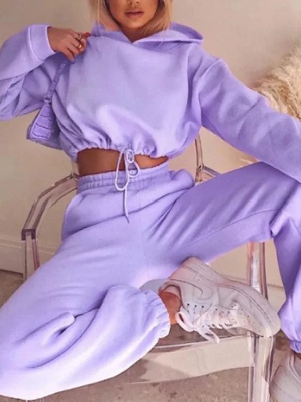 Women’s Cropped Long Sleeve Hooded Sweatshirt with Matching Bottoms in 8 Colors
