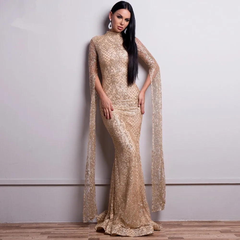 Women's Long Sleeve Glitter Dress With High Neck