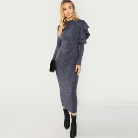 Women's Long Sleeve Ruffle Bodycon Maxi Dress