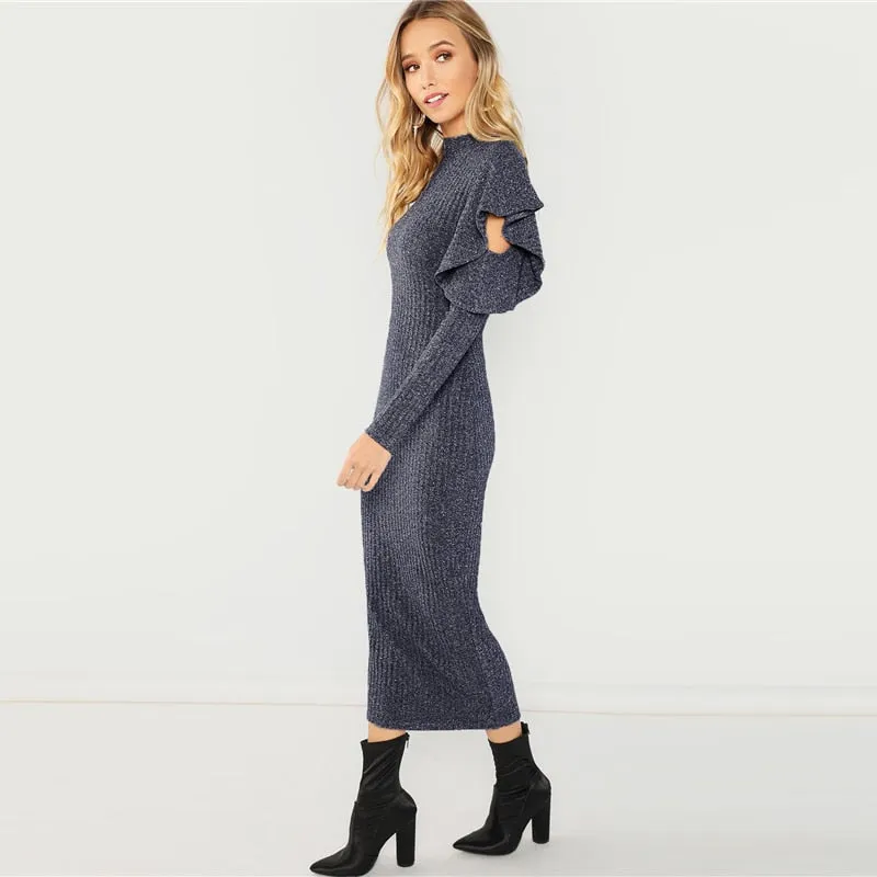 Women's Long Sleeve Ruffle Bodycon Maxi Dress