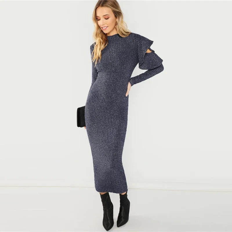 Women's Long Sleeve Ruffle Bodycon Maxi Dress