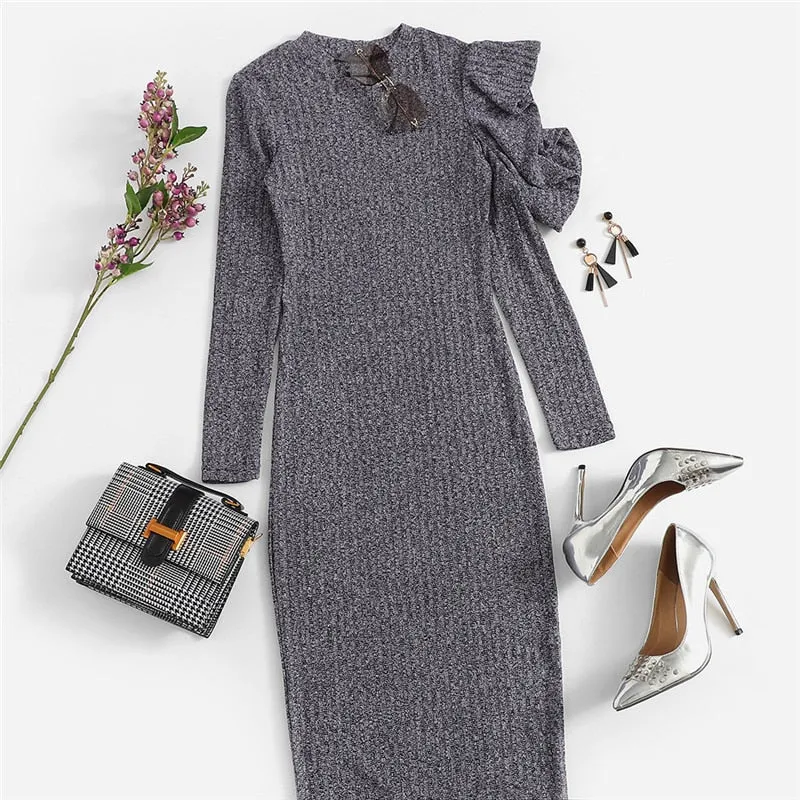 Women's Long Sleeve Ruffle Bodycon Maxi Dress