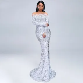 Women's Off-Shoulder Long-Sleeve Sequin Floor-Length Dress
