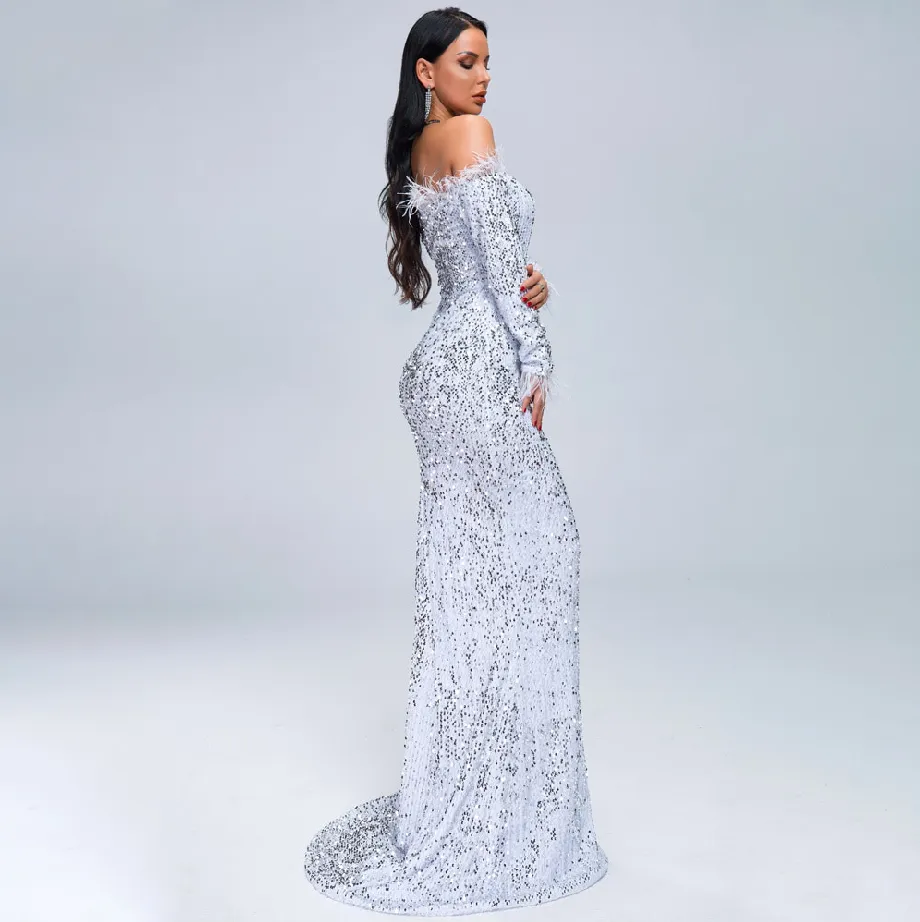 Women's Off-Shoulder Long-Sleeve Sequin Floor-Length Dress