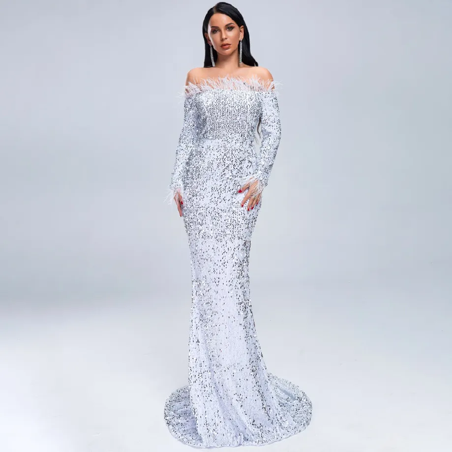 Women's Off-Shoulder Long-Sleeve Sequin Floor-Length Dress