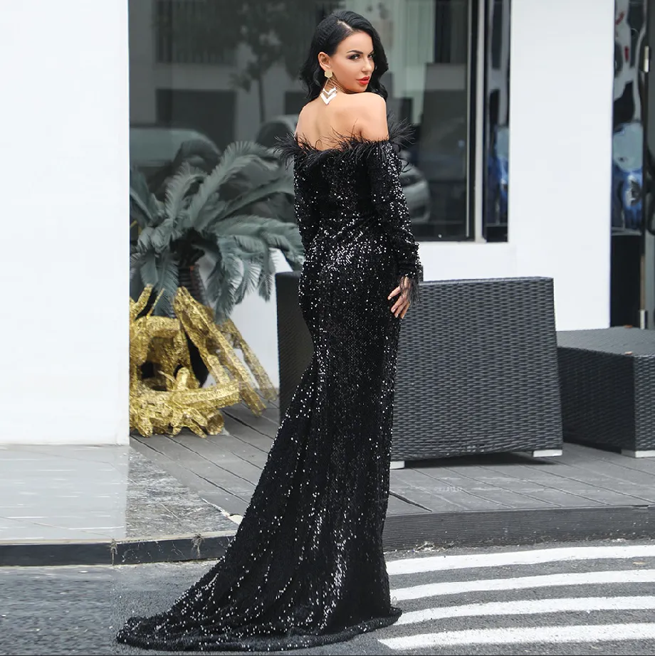 Women's Off-Shoulder Long-Sleeve Sequin Floor-Length Dress