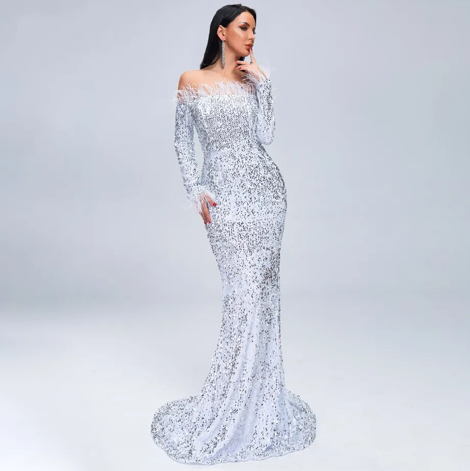 Women's Off-Shoulder Long-Sleeve Sequin Floor-Length Dress