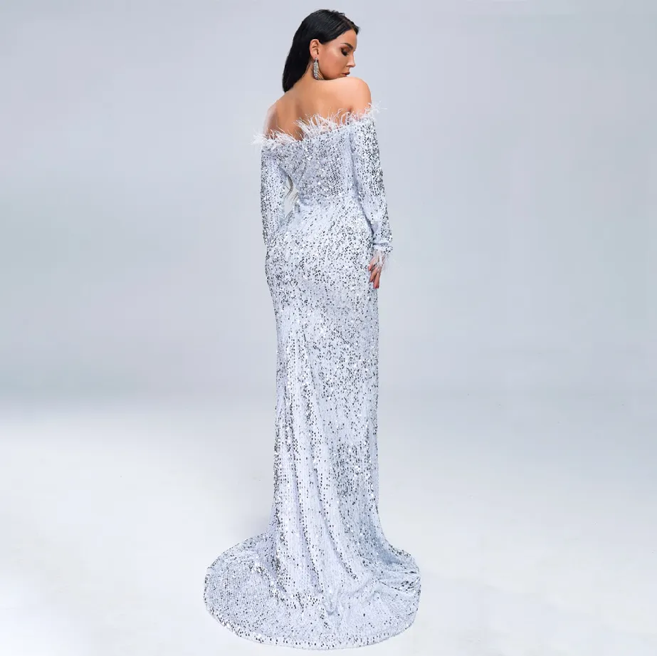 Women's Off-Shoulder Long-Sleeve Sequin Floor-Length Dress